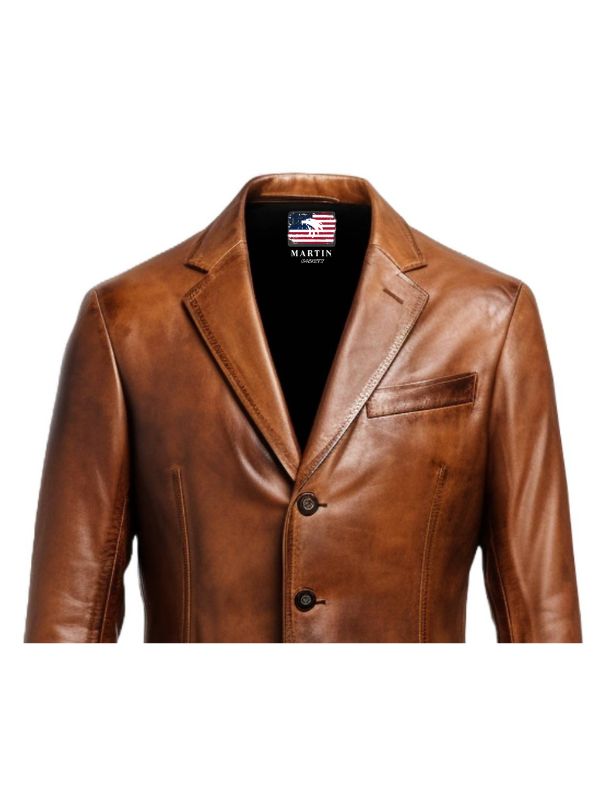 Men 3 Button Vintage Brown Leather Blazer