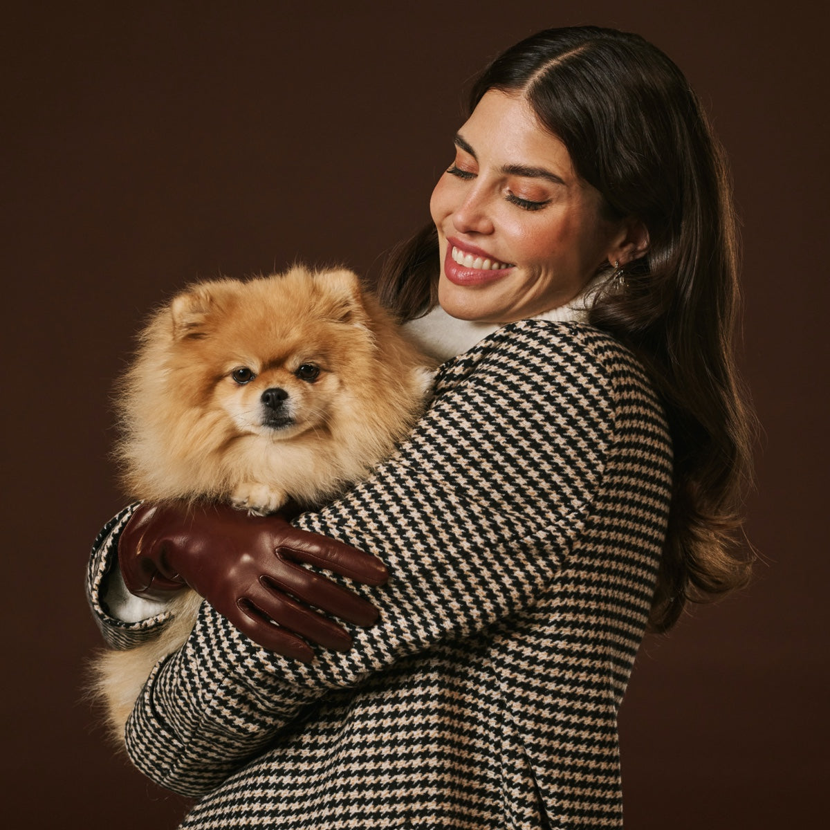 Camilla (brown) - Italian long leather winter gloves with luxurious cashmere lining