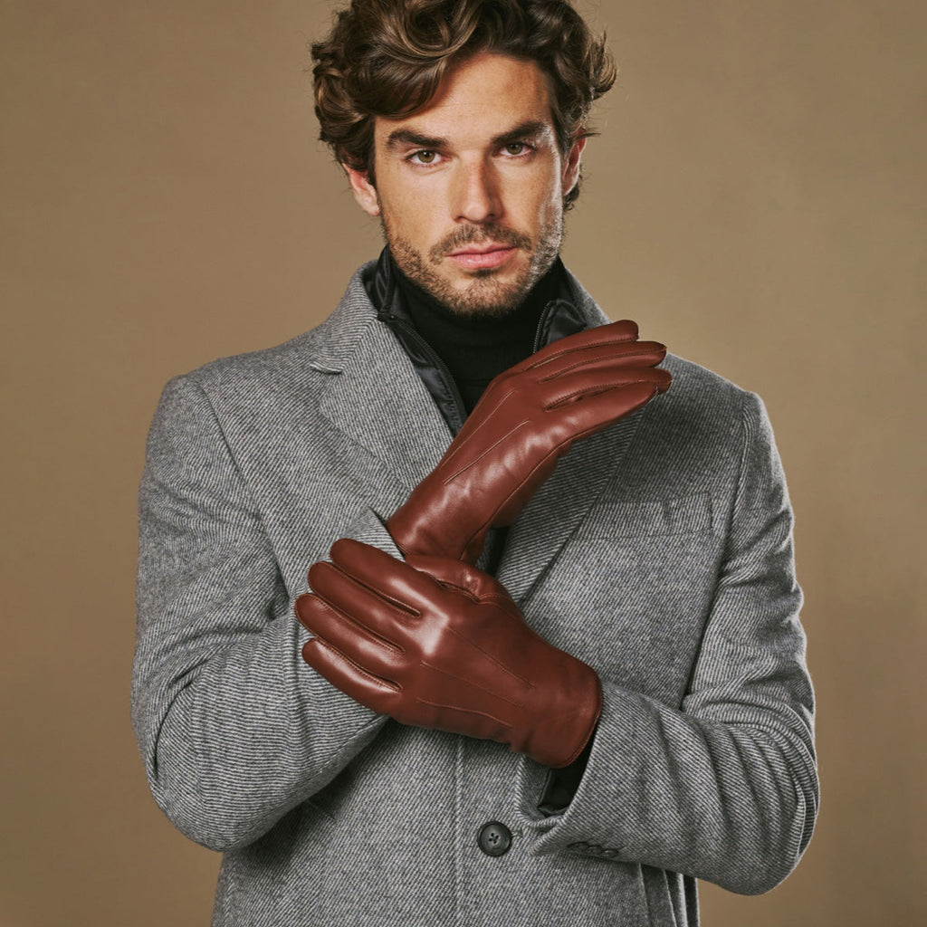 Ezra (brown) - Lambskin leather gloves with warm rabbit fur lining and touchscreen feature