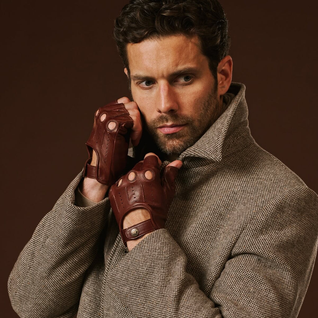 Giuseppe (brown) - Italian lambskin fingerless leather driving gloves