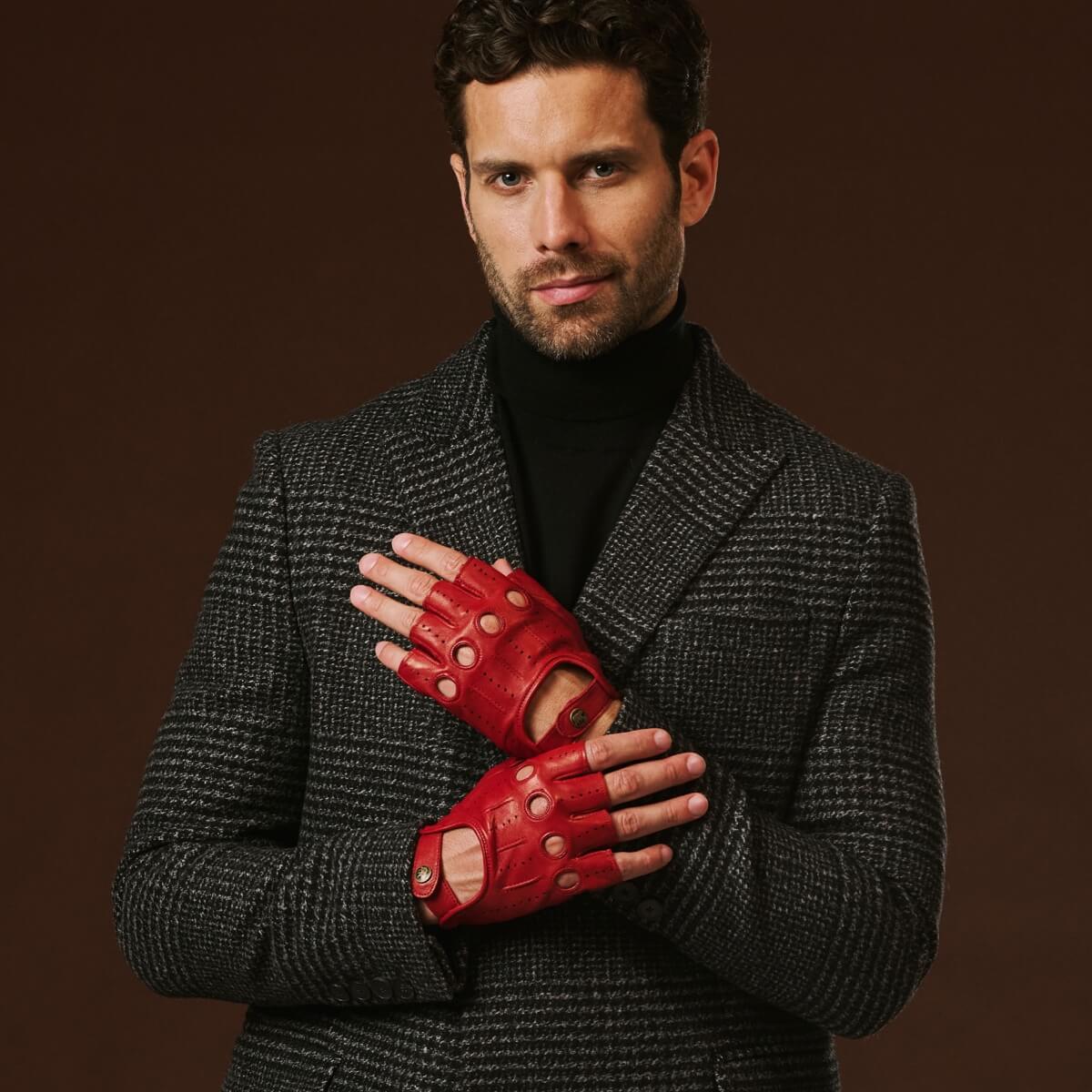 Giuseppe (red) - Italian lambskin fingerless leather driving gloves