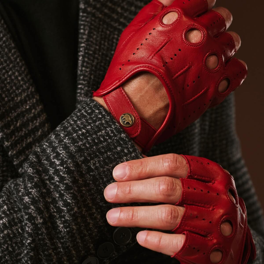 Giuseppe (red) - Italian lambskin fingerless leather driving gloves