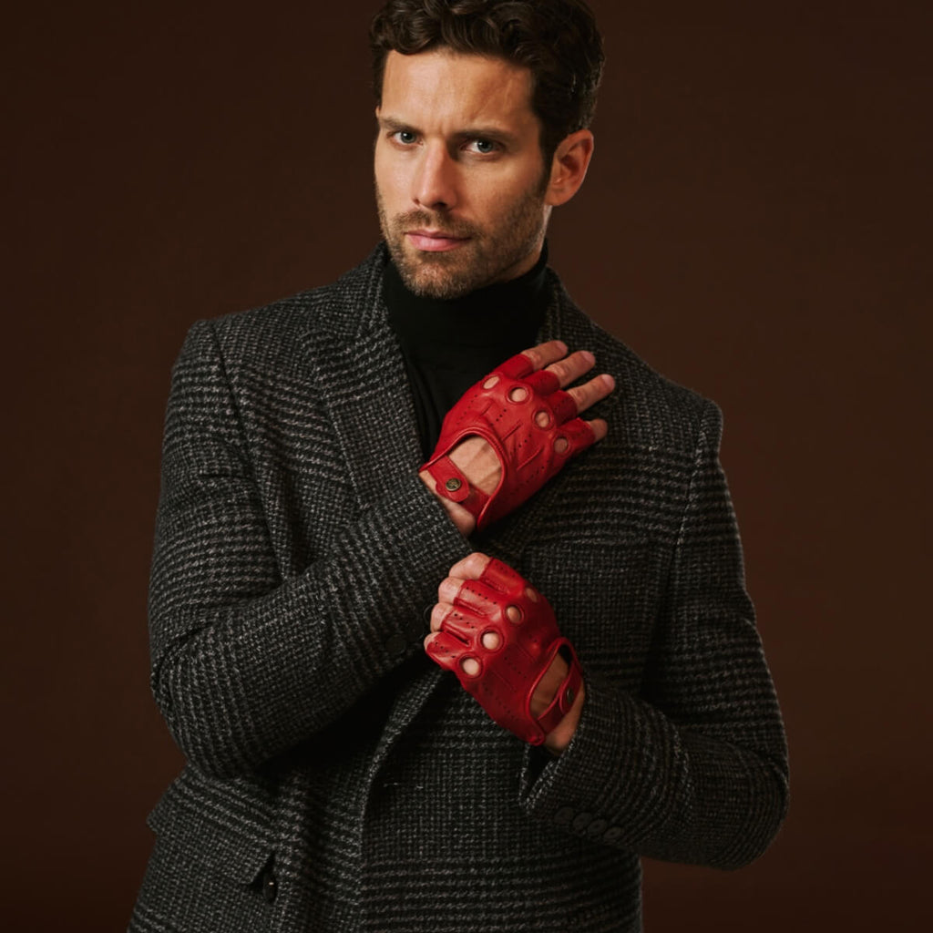 Giuseppe (red) - Italian lambskin fingerless leather driving gloves