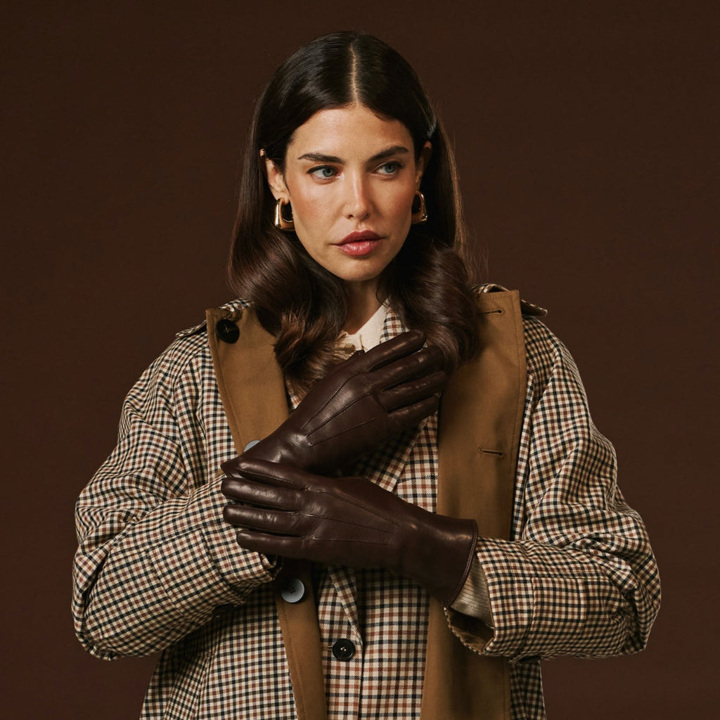 Luciana (brown) - Extended women's Italian lambskin leather gloves with rabbit fur lining