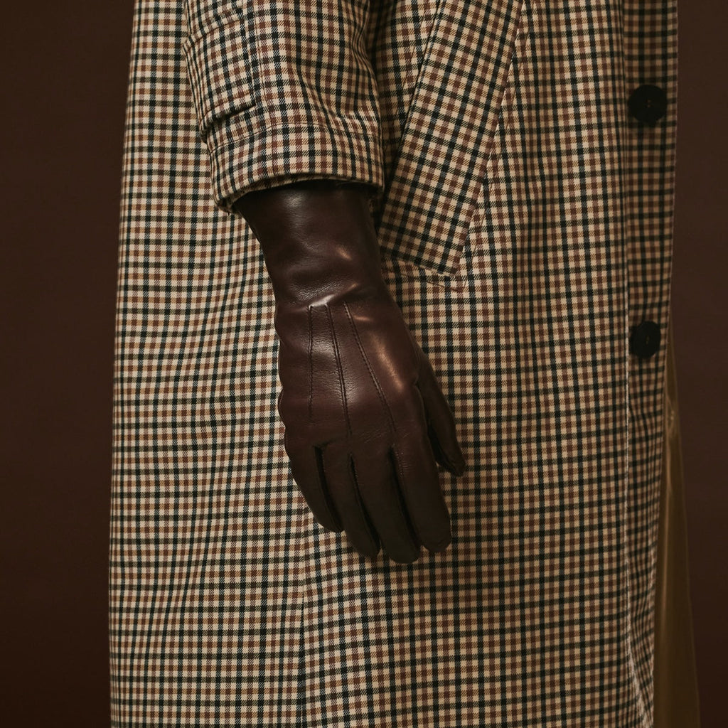 Luciana (brown) - Extended women's Italian lambskin leather gloves with rabbit fur lining