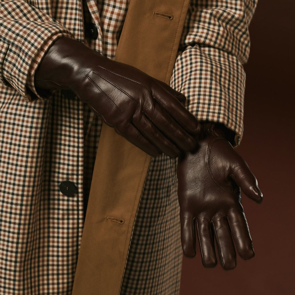 Luciana (brown) - Extended women's Italian lambskin leather gloves with rabbit fur lining
