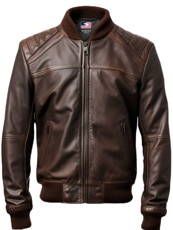 Men's Brown Leather Bomber Jacket