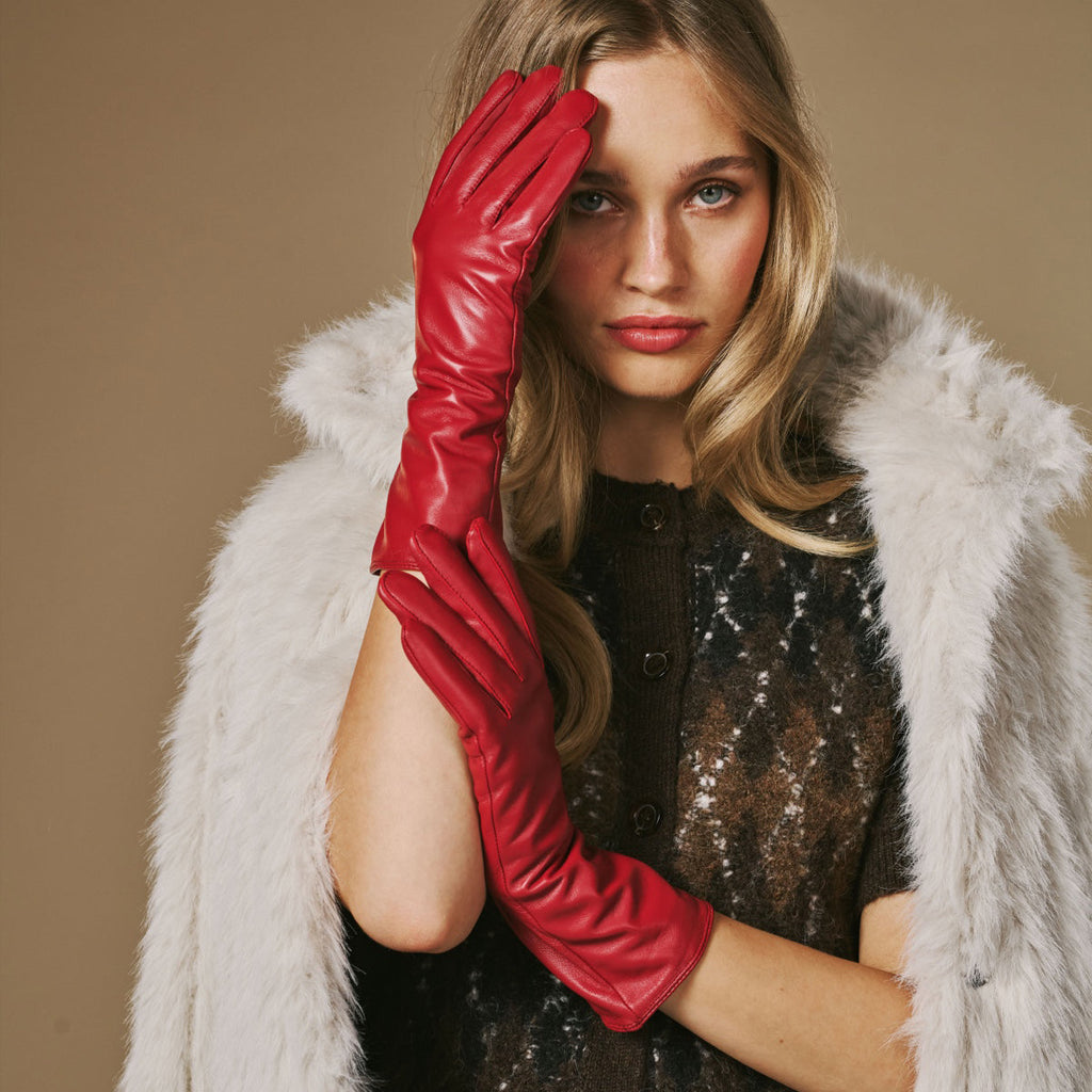 Skylar (red) – Extra-long sheepskin leather gloves with wool/cashmere lining & touchscreen capability