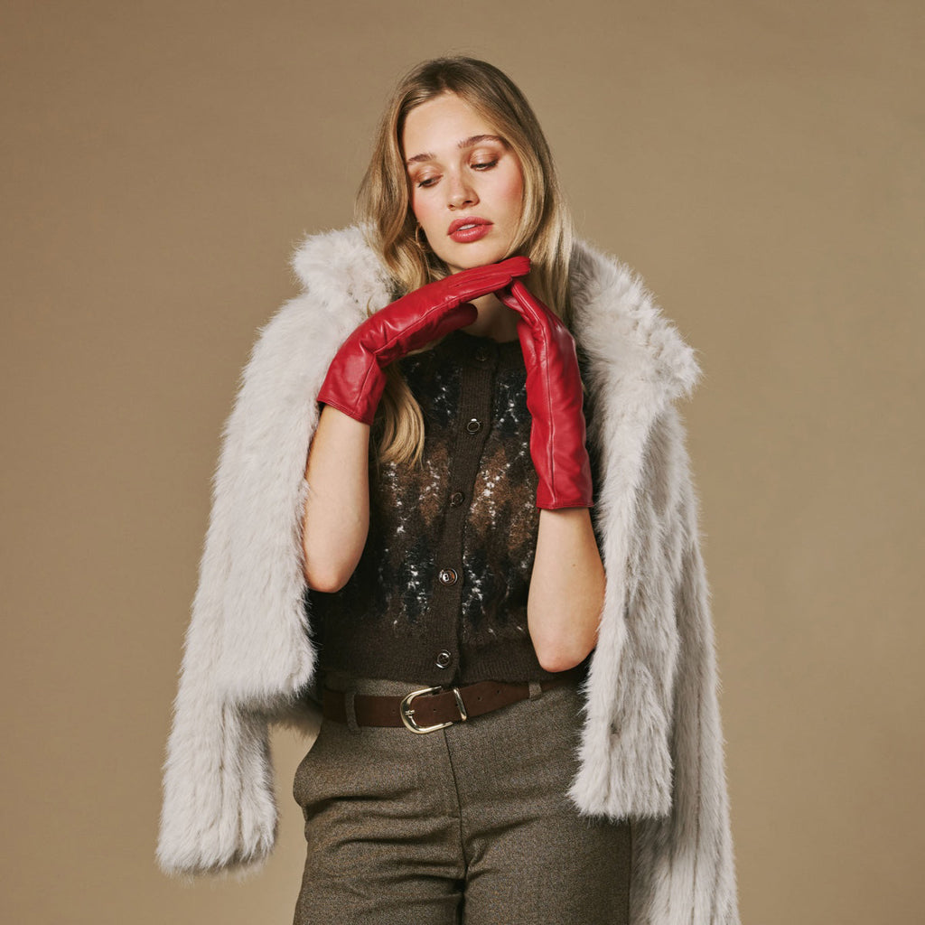 Skylar (red) – Extra-long sheepskin leather gloves with wool/cashmere lining & touchscreen capability