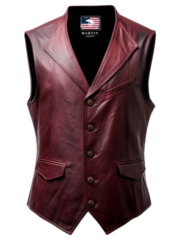 Men Burgundy Distressed Leather Vest