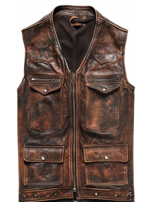 Vintage Strap Pockets Leather Distressed Vest